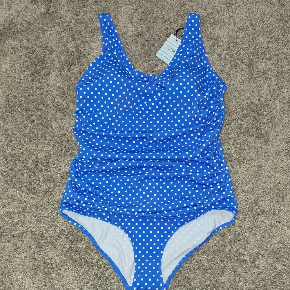 Pour Moi Polka Dot One Piece Ruched Swimsuit - UK18 US14 - Blue White